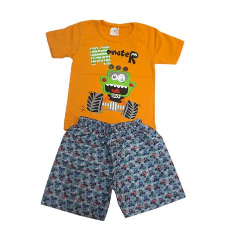 Conjunto Kids Alemara Menino Camiseta Monster e Bermuda Laranja Menor preço em Conjunto Kids Alemara Menino Camiseta Monster e Bermuda Laranja