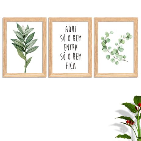 Conjunto Kit 3 Quadros Frases Aqui Só Entra o Bem Folhagem Aquarela Moldura e Vidro - Oppen house Menor preço em Conjunto Kit 3 Quadros Frases Aqui Só Entra o Bem Folhagem Aquarela Moldura e Vidro - Oppen house