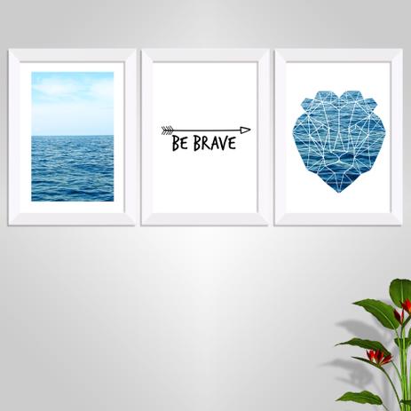 Conjunto Kit 3 Quadros Frases Mar Praia Leão Be Brave Moldura e Vidro - Oppen house é boa?