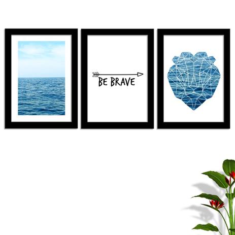Conjunto Kit 3 Quadros Frases Mar Praia Leão Be Brave Moldura Preta e Vidro - Oppen House Menor preço em Conjunto Kit 3 Quadros Frases Mar Praia Leão Be Brave Moldura Preta e Vidro - Oppen House