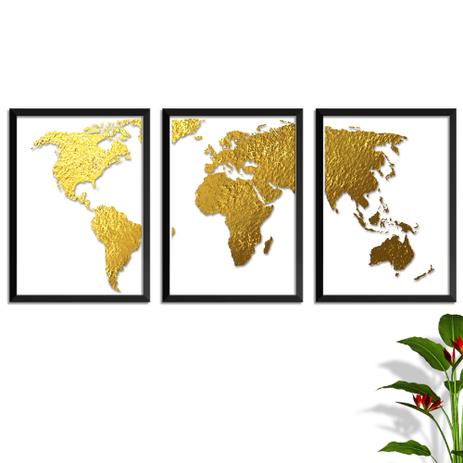 Conjunto Kit 3 Quadros Mapa Mundi Golden Dourado Moldura e Vidro - Oppen house é boa?