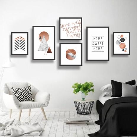 Conjunto kit 6 quadros decorativos geometrico preto branco e rose gold ativa sala quarto - Real Decora Menor preço em Conjunto kit 6 quadros decorativos geometrico preto branco e rose gold ativa sala quarto - Real Decora