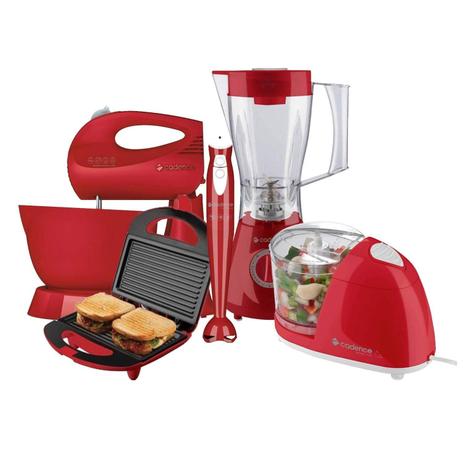 Conjunto Liquidificador, Batedeira, Sanduicheira Minigril, Mini Processador e Mixer Colors 220V Cadence Vermelho Menor preço em Conjunto Liquidificador, Batedeira, Sanduicheira Minigril, Mini Processador e Mixer Colors 220V Cadence Vermelho