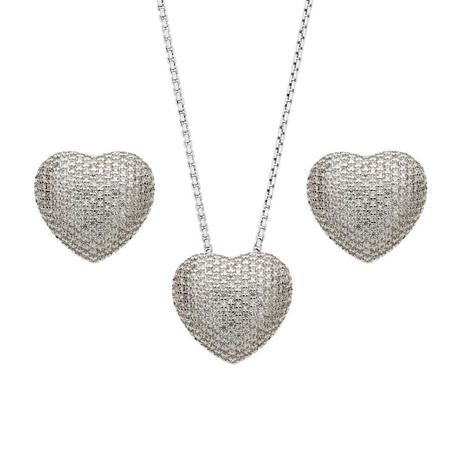 Conjunto Luxo Brinco e Gargantilha Coração Microzircônias Cristais Banho em Ródio Branco - Kelly guimarães Menor preço em Conjunto Luxo Brinco e Gargantilha Coração Microzircônias Cristais Banho em Ródio Branco - Kelly guimarães