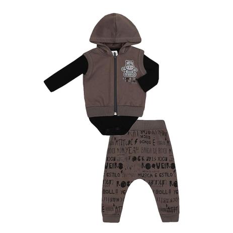 Conjunto Masculino Bebê Body e Calça e Colete Rock - Meia de leite Menor preço em Conjunto Masculino Bebê Body e Calça e Colete Rock - Meia de leite