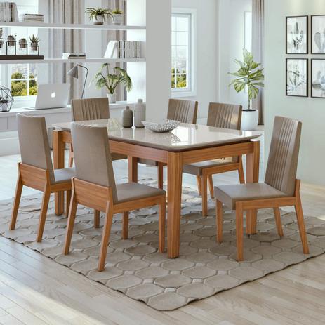 Conjunto Mesa Áries 180 Tampo Vidro 6 Cadeiras Móveis Lopas Rovere Naturale/Suede Animale Bege Menor preço em Conjunto Mesa Áries 180 Tampo Vidro 6 Cadeiras Móveis Lopas Rovere Naturale/Suede Animale Bege