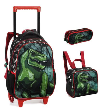 Conjunto Mochila Rodinha Lancheira Estojo Dinossauro Escolar - DENLEX Menor preço em Conjunto Mochila Rodinha Lancheira Estojo Dinossauro Escolar - DENLEX