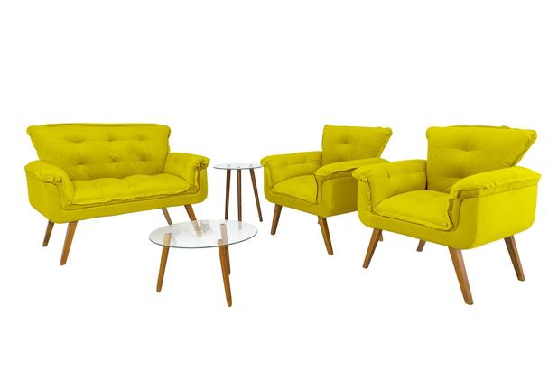 Conjunto Namoradeira Sofá + 2 Poltrona Opala 100 Fibra de Silicone - Sued Amarelo - Nanda Decor Menor preço em Conjunto Namoradeira Sofá + 2 Poltrona Opala 100 Fibra de Silicone - Sued Amarelo - Nanda Decor