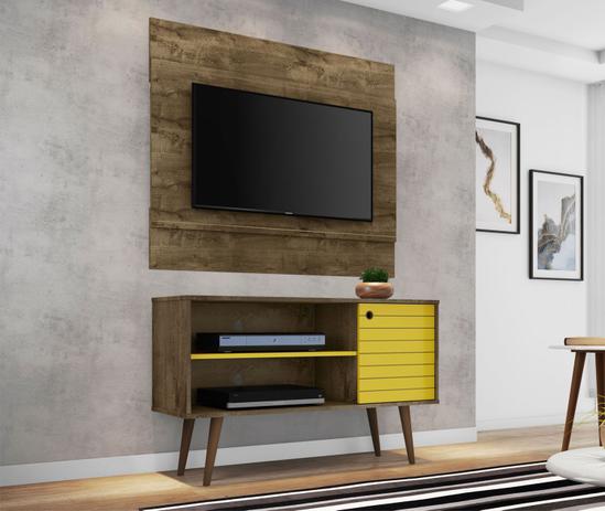 Conjunto Painel p/ Tv Bali Com Rack Jade Cor Madeira/Amarelo - Moveis bechara Menor preço em Conjunto Painel p/ Tv Bali Com Rack Jade Cor Madeira/Amarelo - Moveis bechara
