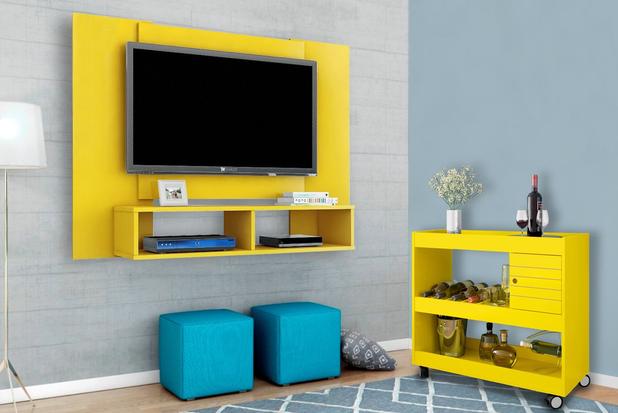 Conjunto Painel TV Navi mais Aparador Sala Estar Cor Amarelo - Moveis bechara Menor preço em Conjunto Painel TV Navi mais Aparador Sala Estar Cor Amarelo - Moveis bechara