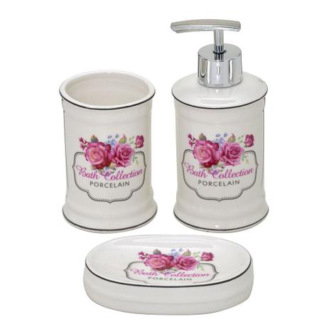 Conjunto para Banheiro 3 peças Branco e Rosa Bath Colection Espressione Menor preço em Conjunto para Banheiro 3 peças Branco e Rosa Bath Colection Espressione