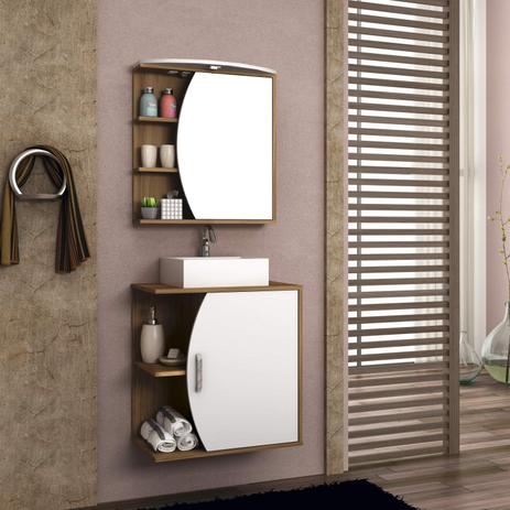Conjunto para Banheiro com Gabinete, Cuba e Espelheira Duna Móveis Bosi Nogal/Branco Menor preço em Conjunto para Banheiro com Gabinete, Cuba e Espelheira Duna Móveis Bosi Nogal/Branco