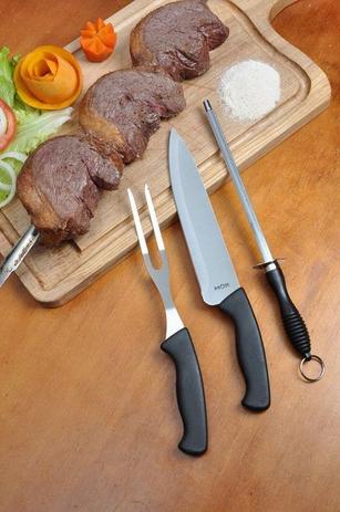 Conjunto para churrasco faca, garfo e chaira cabo preto - mor Menor preço em Conjunto para churrasco faca, garfo e chaira cabo preto - mor