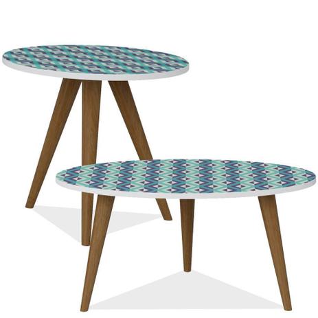 Conjunto Para Sala de Estar com Mesa de Centro e Mesa de Canto Lateral Retrô Branco Estampa Azul - Be Mobiliário é boa?