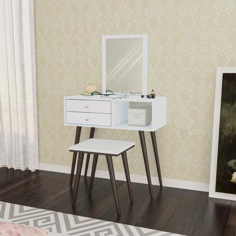 Conjunto Penteadeira 2 Gavetas com Espelho e Banqueta Estofada Retrô Movelbento Branco Menor preço em Conjunto Penteadeira 2 Gavetas com Espelho e Banqueta Estofada Retrô Movelbento Branco