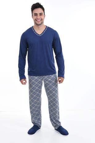 Pijama Masculino Manga Longa Xadrez Preto e Branco em Algodão Gola V