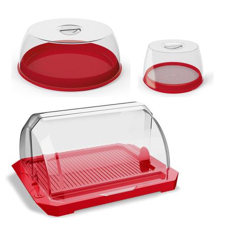 Conjunto Porta Pao Queijeira Porta Bolo Boleira Vermelho - Uz Menor preço em Conjunto Porta Pao Queijeira Porta Bolo Boleira Vermelho - Uz