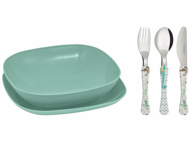 Conjunto pratos e talheres infantil - azul - Dino - Simonaggio Menor preço em Conjunto pratos e talheres infantil - azul - Dino - Simonaggio