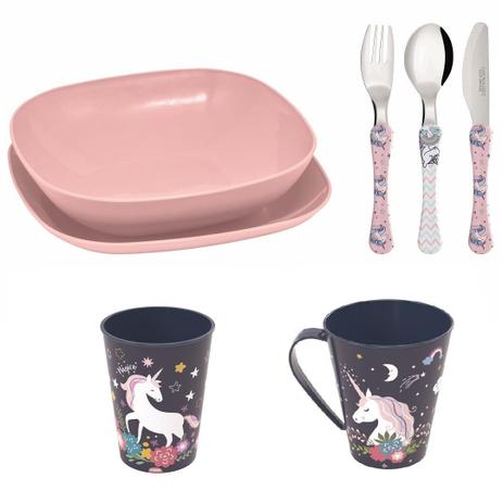 Conjunto pratos, talheres, copo, caneca infantil- Unicornio - Simonaggio Menor preço em Conjunto pratos, talheres, copo, caneca infantil- Unicornio - Simonaggio