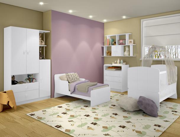 Conjunto quarto infantil completo Alladin berço cama roupeiro e cômoda e nicho cor branca Bona Vita Menor preço em Conjunto quarto infantil completo Alladin berço cama roupeiro e cômoda e nicho cor branca Bona Vita