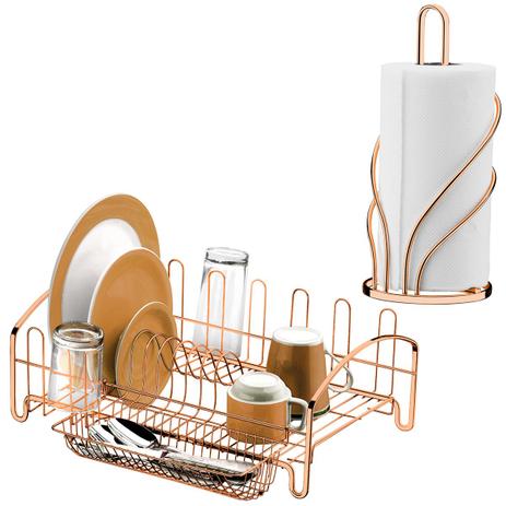 Conjunto Rosé Gold Escorredor Louças e Suporte Papel Toalha - Future Menor preço em Conjunto Rosé Gold Escorredor Louças e Suporte Papel Toalha - Future