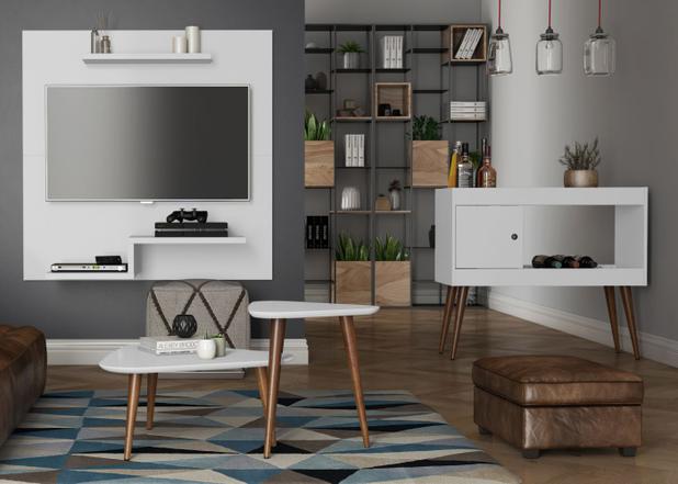 Conjunto Sala com Aparador Brilhante / Mesa de Centro e Apoio Retrô Valentina e Painel Jet Plus - Branco - EJ Móveis - Rpm móveis Menor preço em Conjunto Sala com Aparador Brilhante / Mesa de Centro e Apoio Retrô Valentina e Painel Jet Plus - Branco - EJ Móveis - Rpm móveis