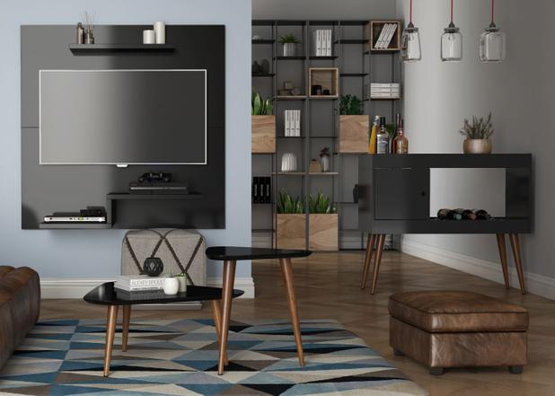 Conjunto Sala com Aparador Brilhante / Mesa de Centro e Apoio Retrô Valentina e Painel Jet Plus - Preto - EJ Móveis - Rpm móveis Menor preço em Conjunto Sala com Aparador Brilhante / Mesa de Centro e Apoio Retrô Valentina e Painel Jet Plus - Preto - EJ Móveis - Rpm móveis