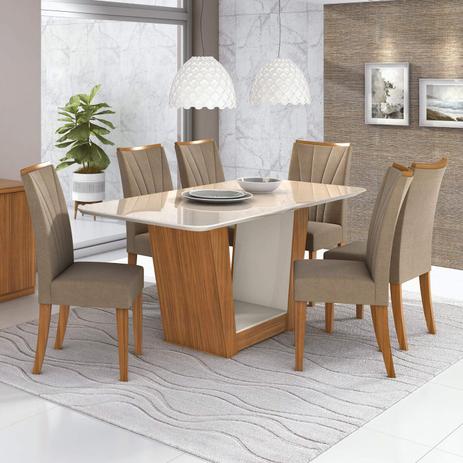 Conjunto Sala de Jantar 6 Cadeiras Apogeu Móveis Lopas Rovere Naturale/Suede Animale Bege Menor preço em Conjunto Sala de Jantar 6 Cadeiras Apogeu Móveis Lopas Rovere Naturale/Suede Animale Bege