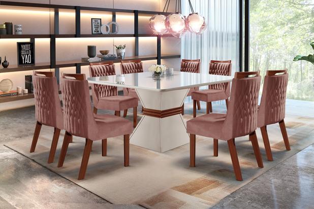 Menor preço em Conjunto Sala de jantar 8 cadeiras, Cronos LJ Móveis Cadeira Atena 1,35x1,35 off white detalhe castanho/Tec Rose - TH Decorações