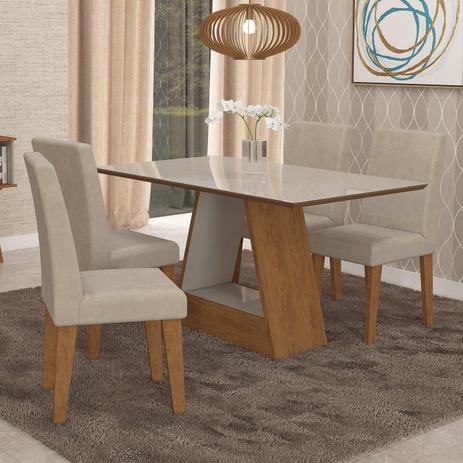 Conjunto Sala de Jantar Mesa Alana Retângular 4 Cadeiras Milena Cimol Savana/Branco Off White/Bege Menor preço em Conjunto Sala de Jantar Mesa Alana Retângular 4 Cadeiras Milena Cimol Savana/Branco Off White/Bege