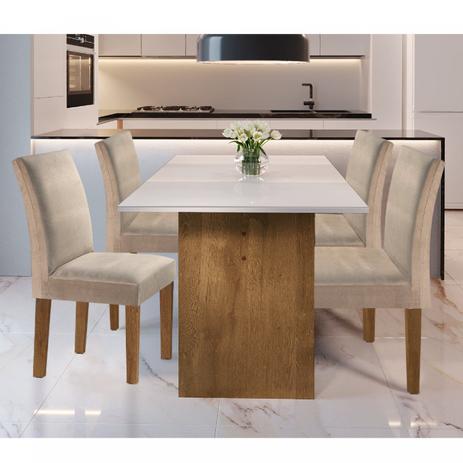 Conjunto Sala de Jantar Mesa e 4 Cadeiras Júlia Cel Móveis Ype/Off White/Tecido Pena Menor preço em Conjunto Sala de Jantar Mesa e 4 Cadeiras Júlia Cel Móveis Ype/Off White/Tecido Pena