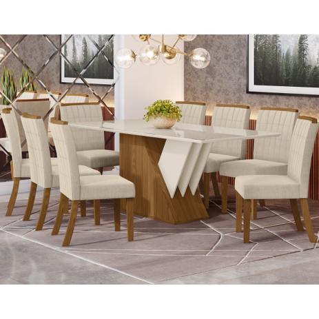 Conjunto de Mesa de Jantar Ane Off White e 8 Cadeiras Estofadas Esmeralda  II Linho Caramelo e Bege