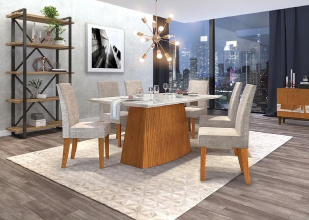 Conjunto Sala de Jantar Mesa Sorela Com 6 Cadeiras Olímpia Carvalho Americano/ Off White/ Linho Claro- DJ Móveis - Doce lar decorações Menor preço em Conjunto Sala de Jantar Mesa Sorela Com 6 Cadeiras Olímpia Carvalho Americano/ Off White/ Linho Claro- DJ Móveis - Doce lar decorações