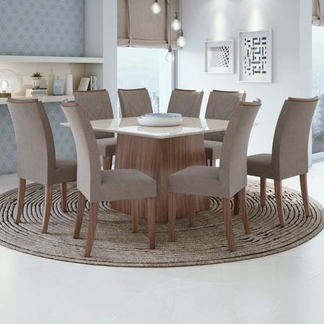 Conjunto Sala de Jantar Mesa Tampo de Vidro Nevada e 8 Cadeiras Atacama Móveis Lopas Imbuia Naturale/Off White/Suede Animale Bege Menor preço em Conjunto Sala de Jantar Mesa Tampo de Vidro Nevada e 8 Cadeiras Atacama Móveis Lopas Imbuia Naturale/Off White/Suede Animale Bege