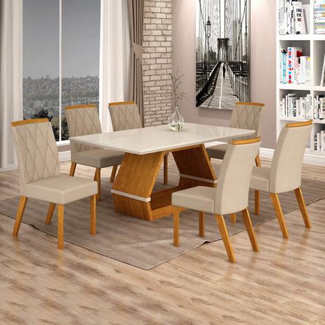 Conjunto Sala de Jantar Mesa Tampo de Vidro Off White 6 Cadeiras Esmeralda Leifer Imbuia Mel/Off White/Palha Menor preço em Conjunto Sala de Jantar Mesa Tampo de Vidro Off White 6 Cadeiras Esmeralda Leifer Imbuia Mel/Off White/Palha