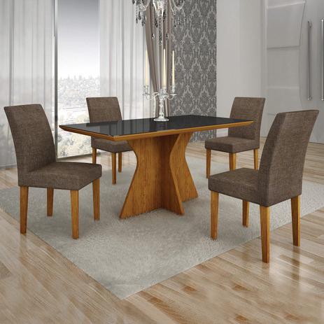 Menor preço em Conjunto Sala de Jantar Mesa Tampo de Vidro Preto Creta 4 Cadeiras Olímpia Leifer Imbuia/Marrom