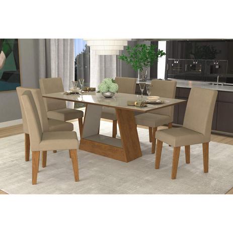 Conjunto Sala de Jantar Mesa Tampo de Vidro Retangular Alana 6 Cadeiras Milena Cimol Savana/Off White/Sued Marfim Menor preço em Conjunto Sala de Jantar Mesa Tampo de Vidro Retangular Alana 6 Cadeiras Milena Cimol Savana/Off White/Sued Marfim
