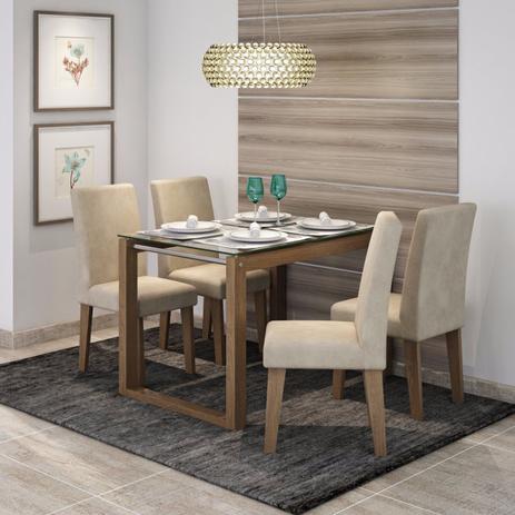 Conjunto Sala de Jantar Mesa Tampo em Vidro Anita 4 Cadeiras Milena Cimol Savana/Suede Bege Menor preço em Conjunto Sala de Jantar Mesa Tampo em Vidro Anita 4 Cadeiras Milena Cimol Savana/Suede Bege