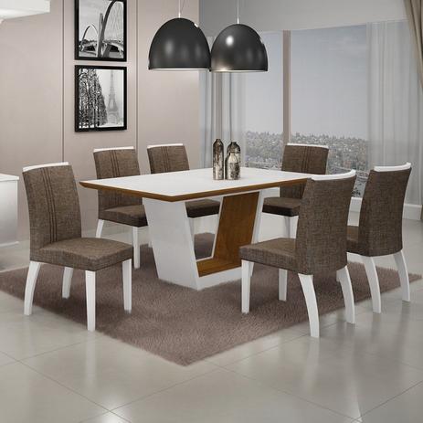 Conjunto Sala de Jantar Mesa Tampo MDF/Vidro 6 Cadeiras Linho Alemanha Leifer Flex Color Branco/Imbuia Mel Menor preço em Conjunto Sala de Jantar Mesa Tampo MDF/Vidro 6 Cadeiras Linho Alemanha Leifer Flex Color Branco/Imbuia Mel