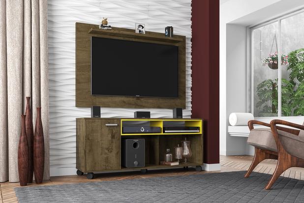 Conjunto Sala Painel Kenzo p/TV 50 e Rack New Creta Madeira com Amarelo - Moveis bechara Menor preço em Conjunto Sala Painel Kenzo p/TV 50 e Rack New Creta Madeira com Amarelo - Moveis bechara