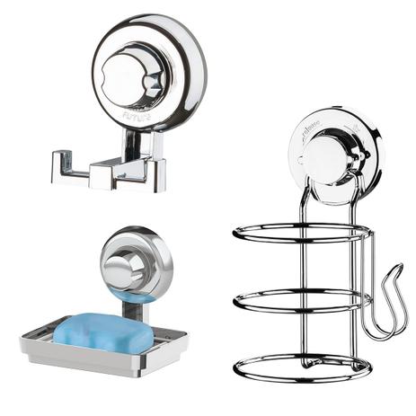 Conjunto Suporte Secador de Cabelo Saboneteira Gancho Multiuso com Ventosa - Future Menor preço em Conjunto Suporte Secador de Cabelo Saboneteira Gancho Multiuso com Ventosa - Future