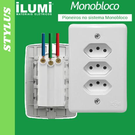 Conjunto Tomada Tripla 10A Monobloco Ilumi - Stylus - Conjunto 3 Tomadas Fácil Instalação Menor preço em Conjunto Tomada Tripla 10A Monobloco Ilumi - Stylus - Conjunto 3 Tomadas Fácil Instalação