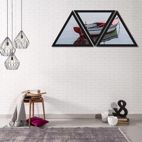 Conjunto Trio de Quadros Triângulos Lagoa Barco 90x40cm - Decore pronto Menor preço em Conjunto Trio de Quadros Triângulos Lagoa Barco 90x40cm - Decore pronto