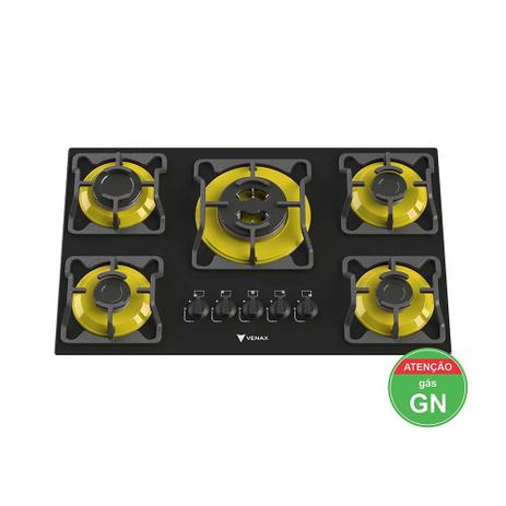 Cooktop Arena 5 Q Bivolt Gás Natural Preto Base Amarela - VENAX Menor preço em Cooktop Arena 5 Q Bivolt Gás Natural Preto Base Amarela - VENAX