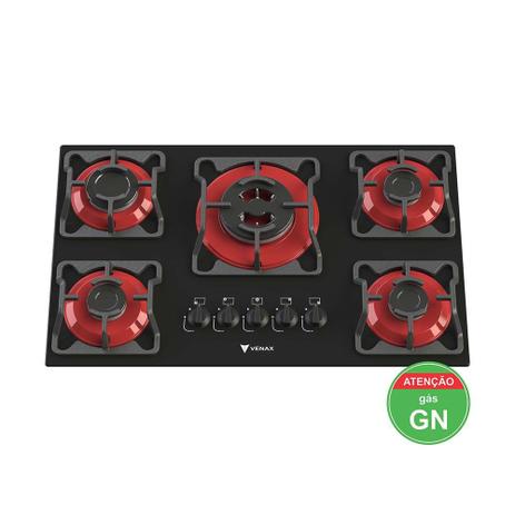 Cooktop Arena 5 Q Bivolt Gás Natural Preto Base Vermelha - VENAX Menor preço em Cooktop Arena 5 Q Bivolt Gás Natural Preto Base Vermelha - VENAX