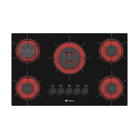 Cooktop arena 5 Q Preto/Vermelho Gás Glp - VENAX Menor preço em Cooktop arena 5 Q Preto/Vermelho Gás Glp - VENAX