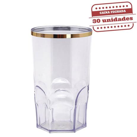 Copo Big Whisky Acrílico Cristal Borda Ouro 600ml 30 unidades Bezavel - Festabox Menor preço em Copo Big Whisky Acrílico Cristal Borda Ouro 600ml 30 unidades Bezavel - Festabox