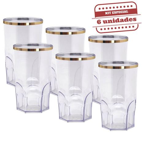 Copo Big Whisky Acrílico Cristal Borda Ouro 600ml 6 unidades Bezavel - Festabox Menor preço em Copo Big Whisky Acrílico Cristal Borda Ouro 600ml 6 unidades Bezavel - Festabox