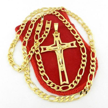 Corrente Masculina 60cm 6mm + Cruz Cristo Folheada Ouro CR458 - Wnbijouterias Menor preço em Corrente Masculina 60cm 6mm + Cruz Cristo Folheada Ouro CR458 - Wnbijouterias