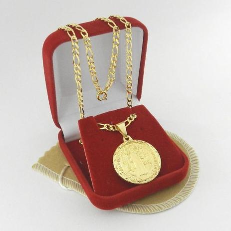 Corrente Masculina 70cm 3mm + São Bento 20mm Folheada Ouro Cr174 - Wnbijouterias Menor preço em Corrente Masculina 70cm 3mm + São Bento 20mm Folheada Ouro Cr174 - Wnbijouterias